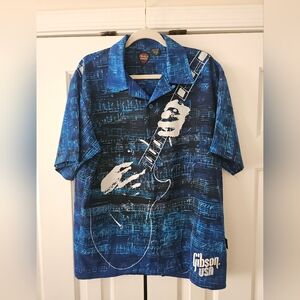 Gibson Tour Wear Dragonfly Men's M Blue Graphic Short Sleeve Button-Up Shirt